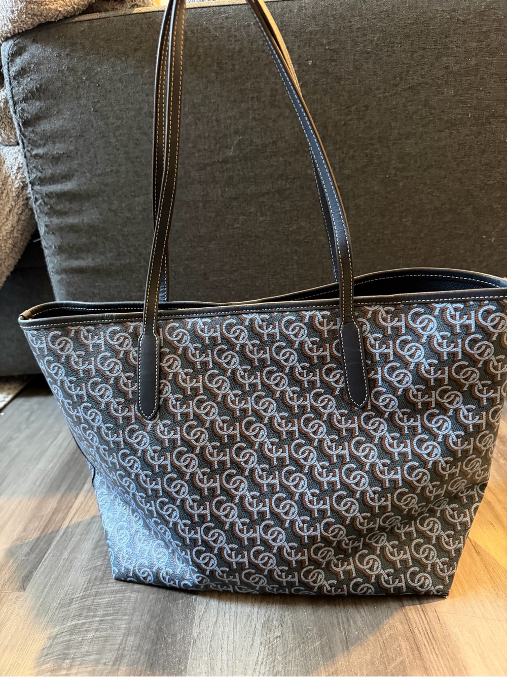 COACH City Tote CF342 Navy Blue Monogram Print Double Handle Shoulder Bag